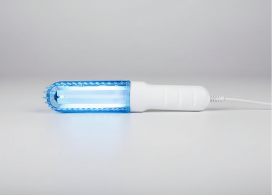 Blue light-emitting device with '110V Voltage' text on a white background