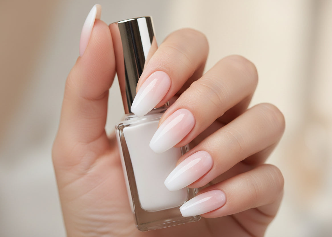 Hand with long, white-pink gradient nails on a neutral background