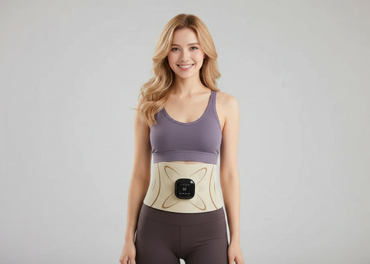 Woman wearing a waist trainer with text highlighting its features
