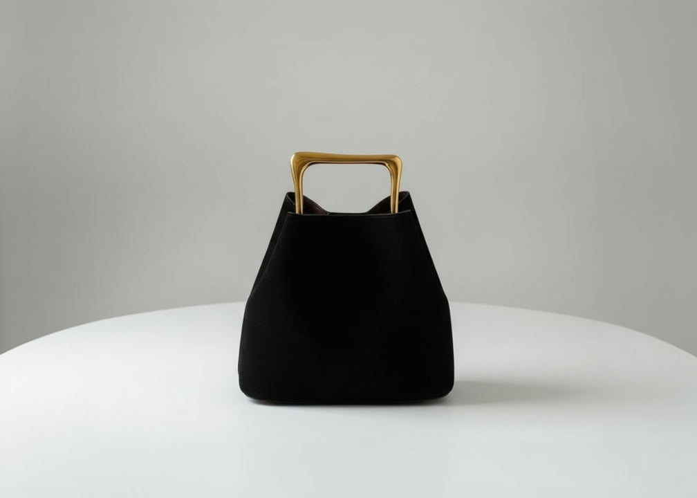 Black handbag with gold handle on a wooden surface