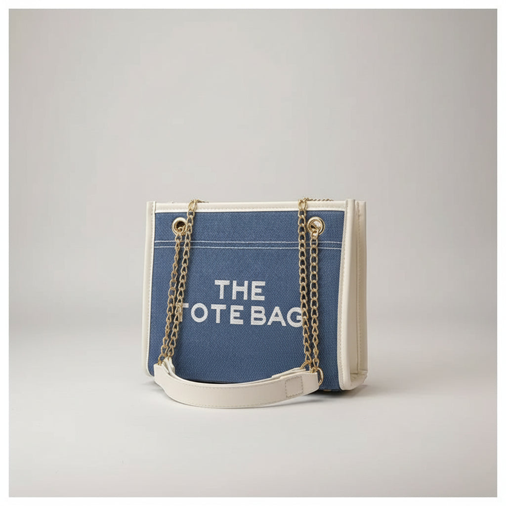 Denim Chain Tote Bag with Embroidered Statement Detail