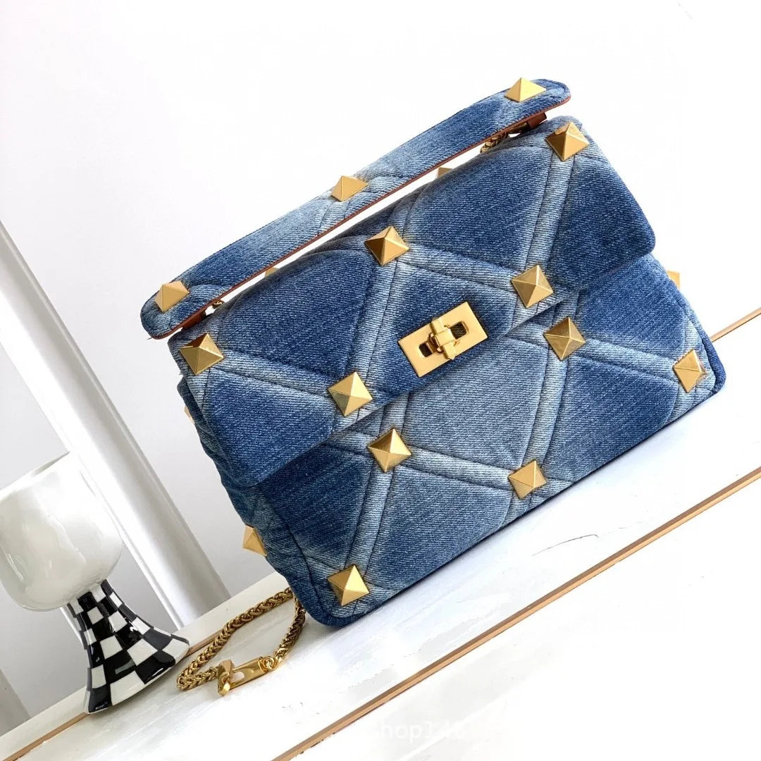 Belle Studded Denim Flap Shoulder Bag