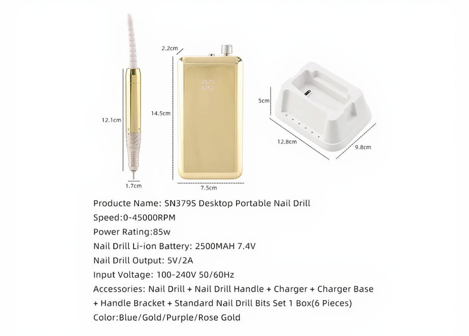Desktop portable nail drill with dimensions and specifications on a white background