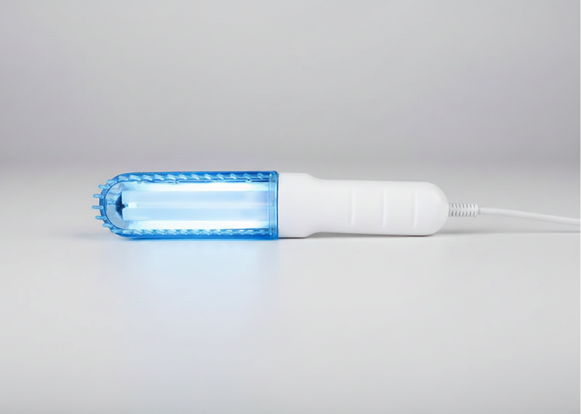 Blue light-emitting device with '110V Voltage' text on a white background