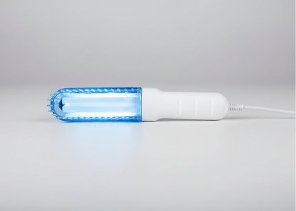 Blue light-emitting device with '110V Voltage' text on a white background