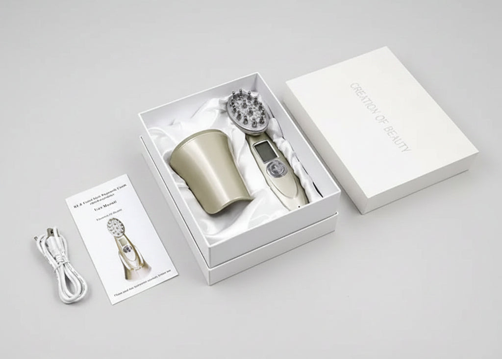 Product packaging with a hair styling tool, attachments, and a manual on a white background.