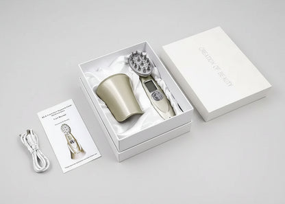 Product packaging with a hair styling tool, attachments, and a manual on a white background.
