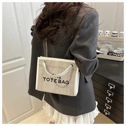 Denim Chain Tote Bag with Embroidered Statement Detail