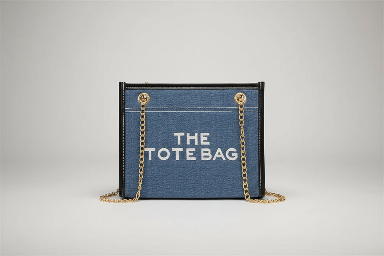 Denim Chain Tote Bag with Embroidered Statement Detail