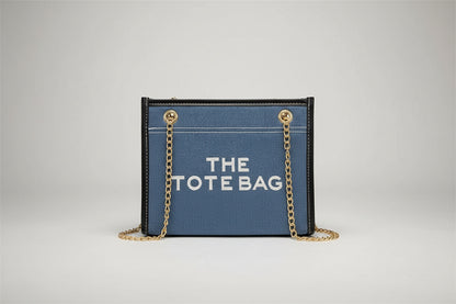 Denim Chain Tote Bag with Embroidered Statement Detail
