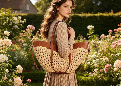 Woman holding a woven handbag in a garden setting