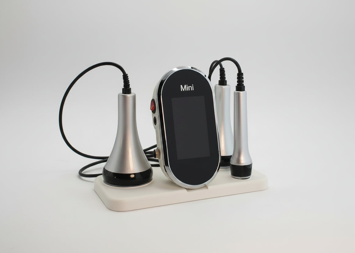 Mini electronic device with attachments and display screen on a white background
