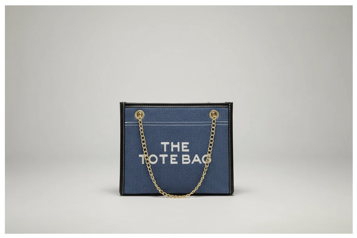 Denim Chain Tote Bag with Embroidered Statement Detail