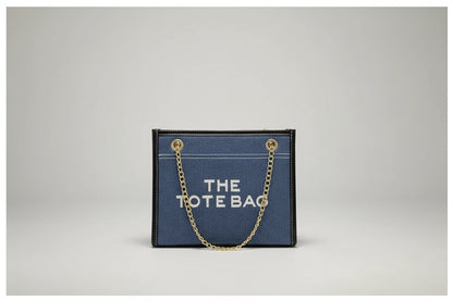 Denim Chain Tote Bag with Embroidered Statement Detail