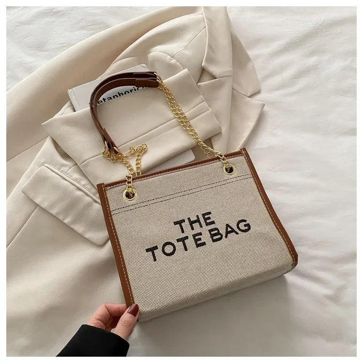 Denim Chain Tote Bag with Embroidered Statement Detail