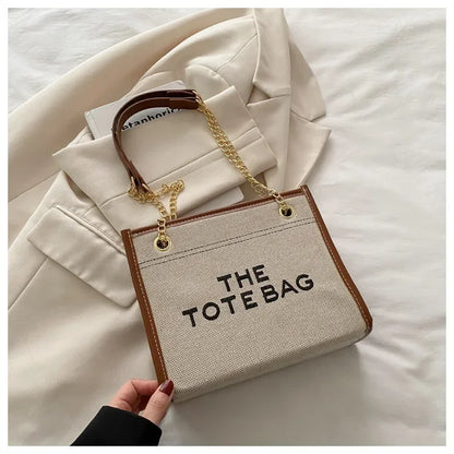 Denim Chain Tote Bag with Embroidered Statement Detail