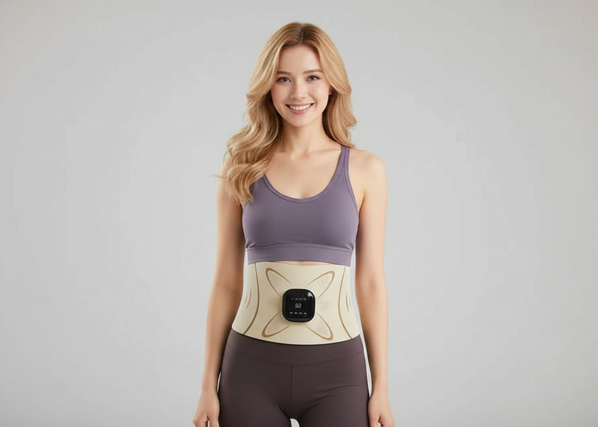 Woman wearing a waist trainer with text highlighting its features
