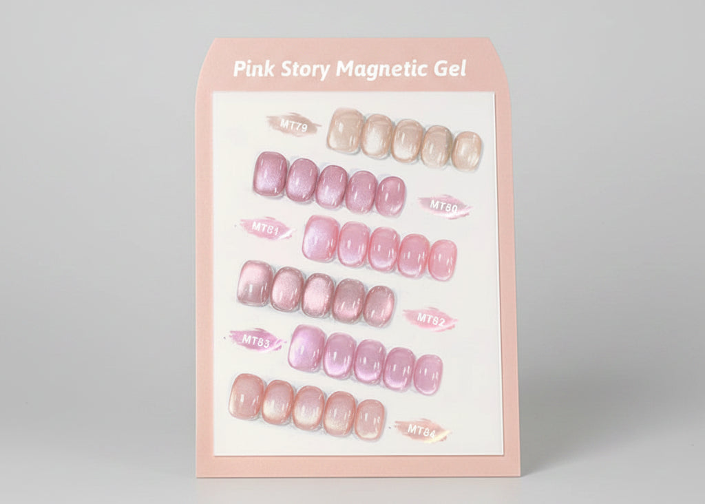 Display of pink magnetic gel nail art designs with 'Pink Story' branding.