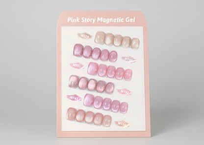 Display of pink magnetic gel nail art designs with 'Pink Story' branding.