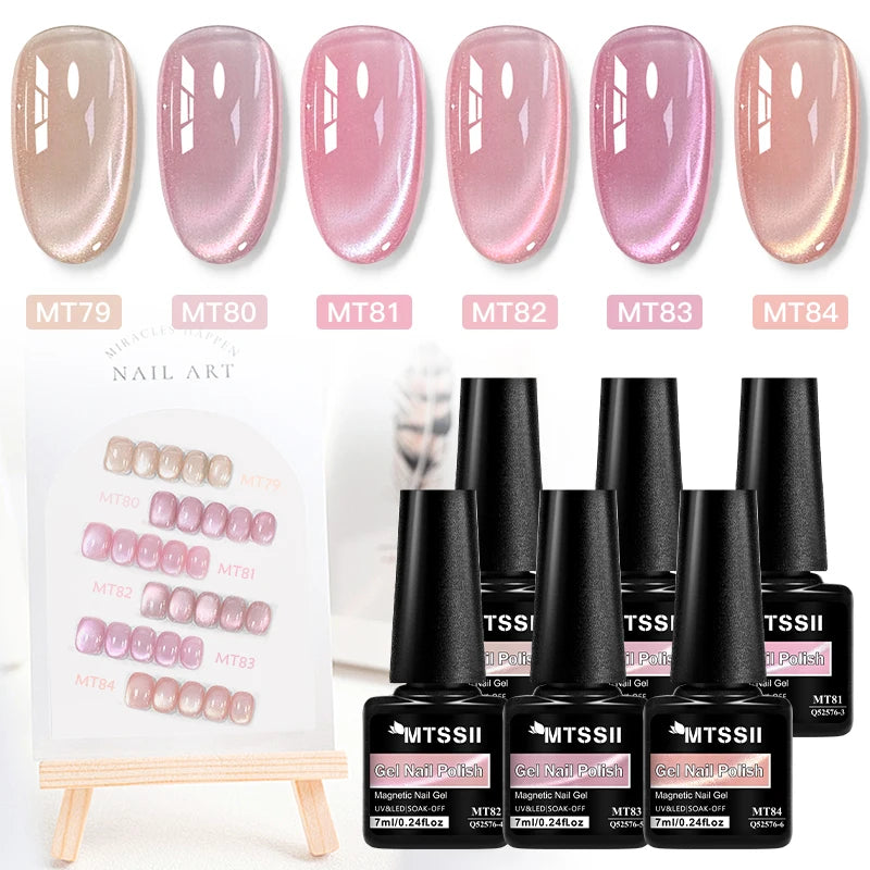 Set of MTSSII nail gel polishes with corresponding color swatches on nails.