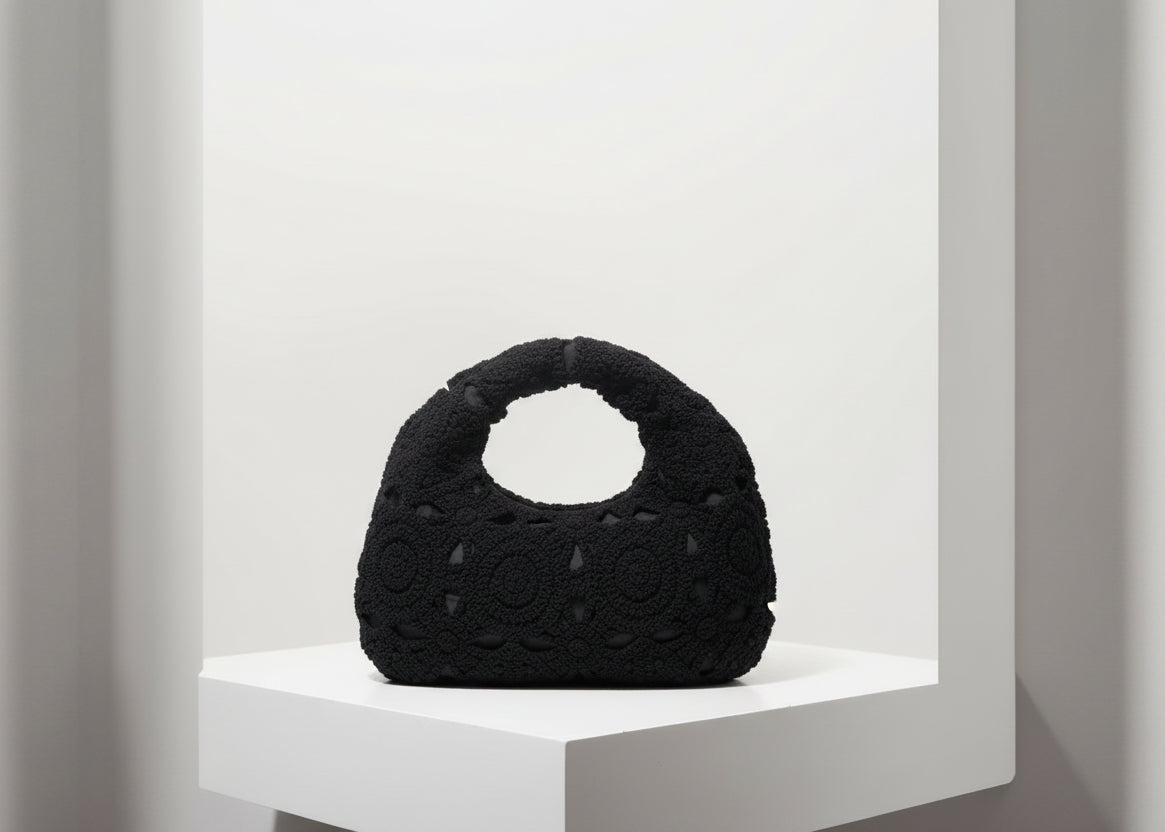 Black textured handbag on a white background with 'Random Pattern' text.