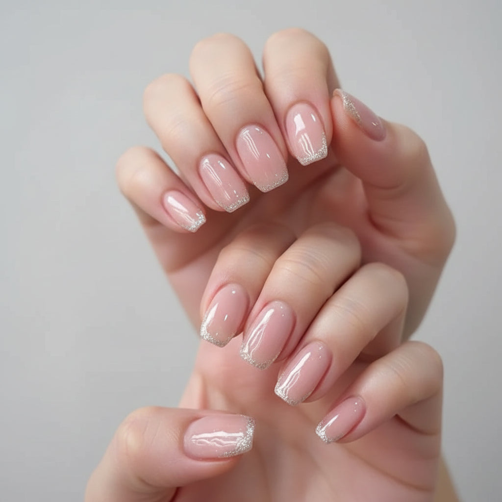 Close-up of a hand with pink nails and glittery accents on a white background