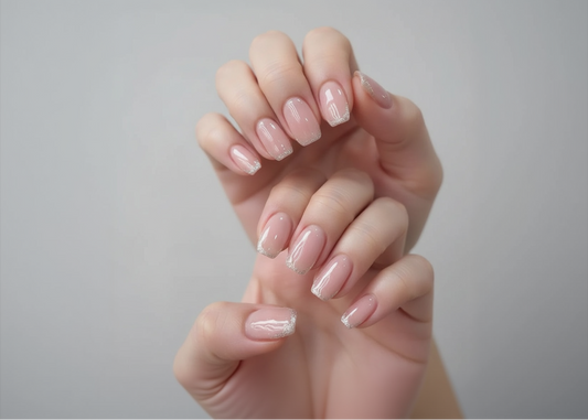 Close-up of a hand with pink nails and glittery accents on a white background