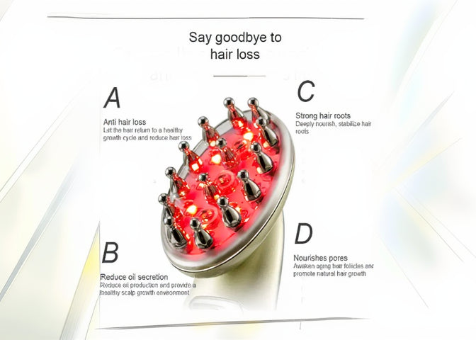 Hair growth device with red light and text explaining its functions on a white background