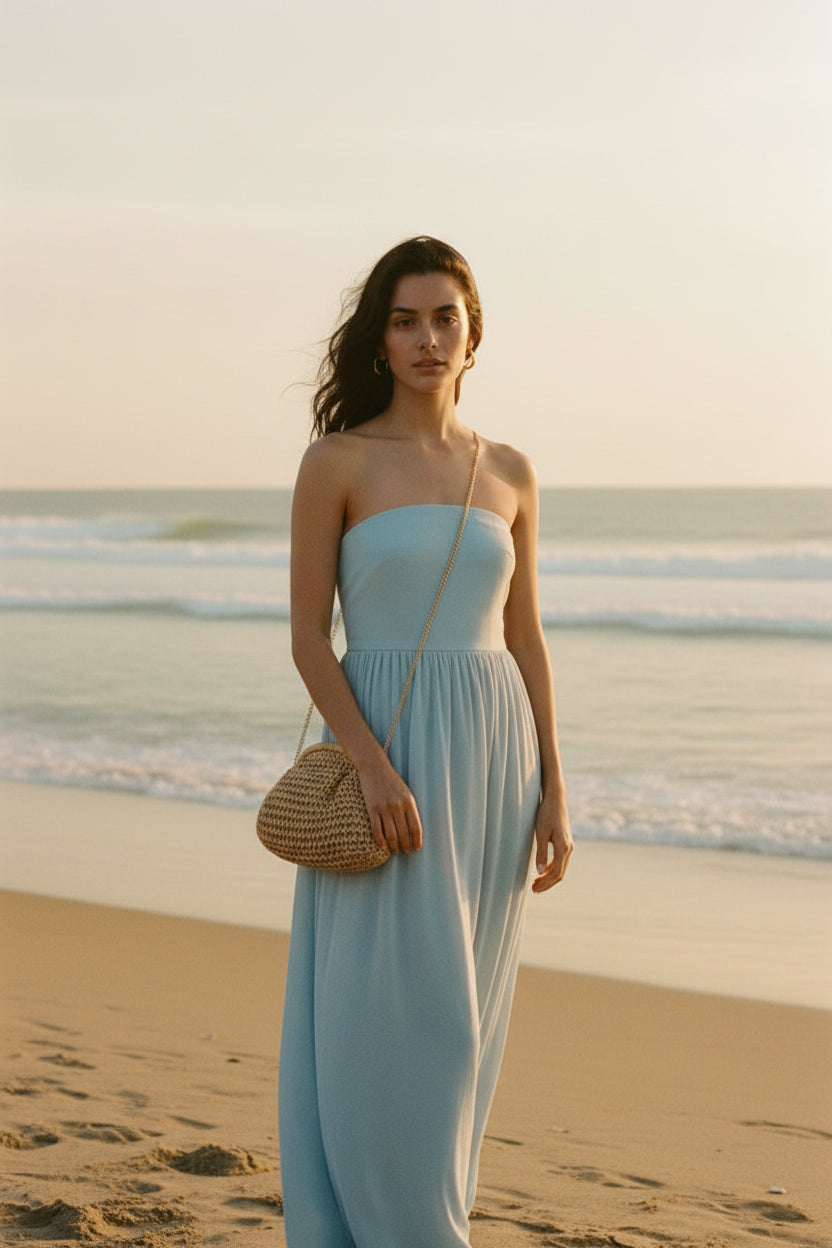 Person wearing a white dress holding a woven handbag indoors.