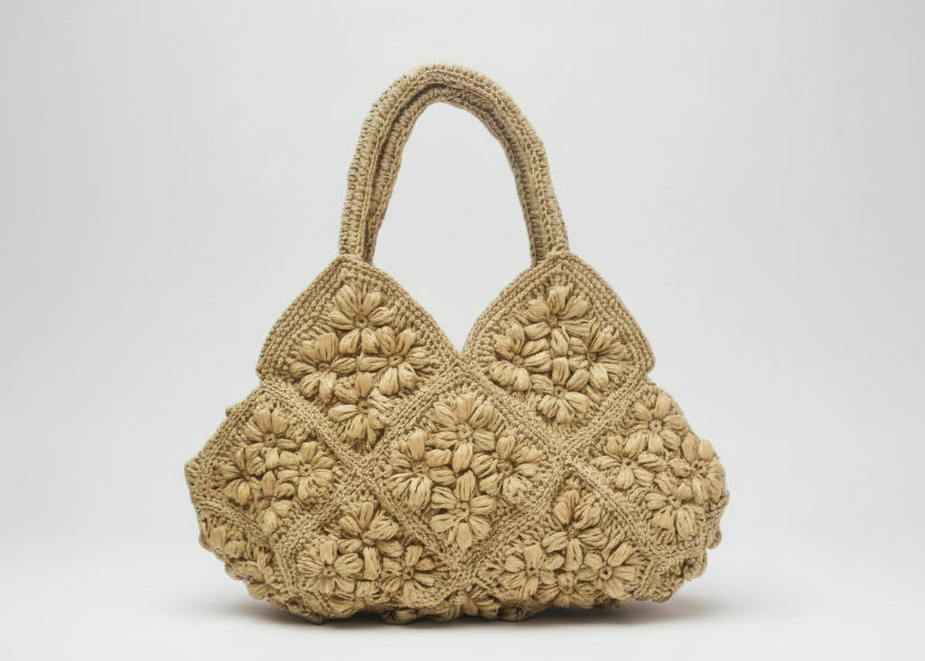 Beige crochet handbag with dimensions and weight information on a white background
