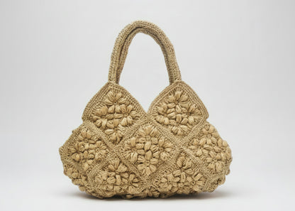 Beige crochet handbag with dimensions and weight information on a white background
