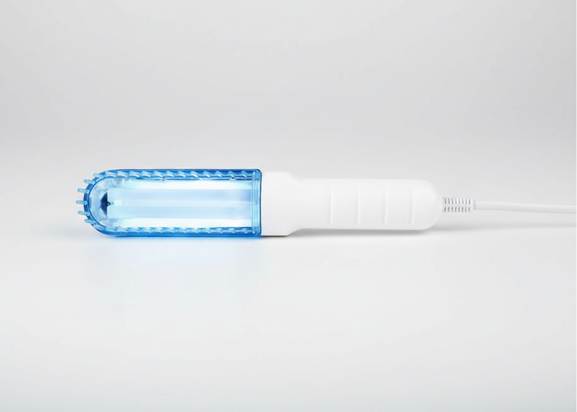 Blue light-emitting device with 220V voltage label on a white background