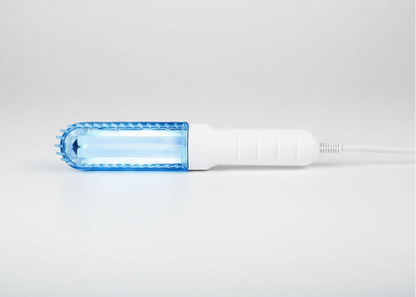 Blue light-emitting device with 220V voltage label on a white background