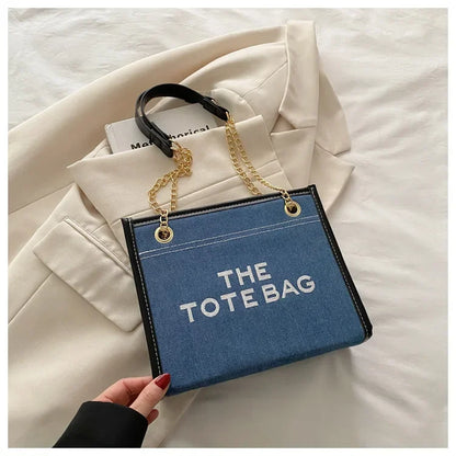 Denim Chain Tote Bag with Embroidered Statement Detail