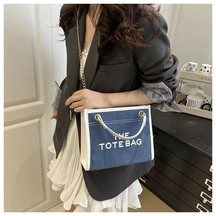 Denim Chain Tote Bag with Embroidered Statement Detail