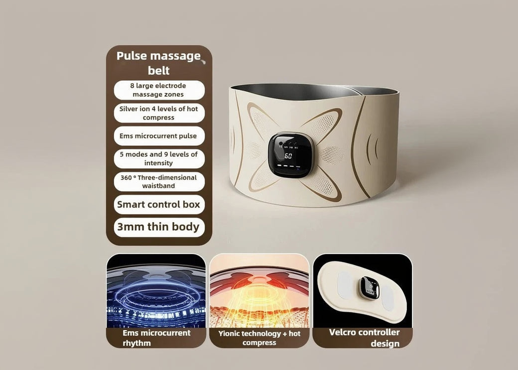 Massage belt with digital display and text on a beige background