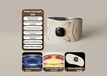 Massage belt with digital display and text on a beige background