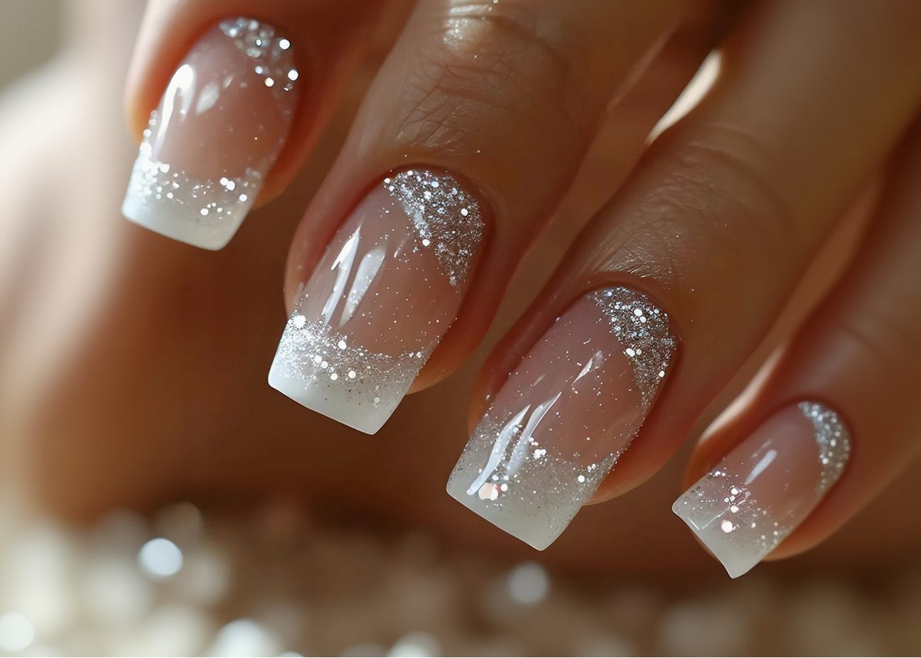Close-up of nails with white polish and glittery accents on a blurred background