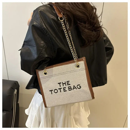 Denim Chain Tote Bag with Embroidered Statement Detail