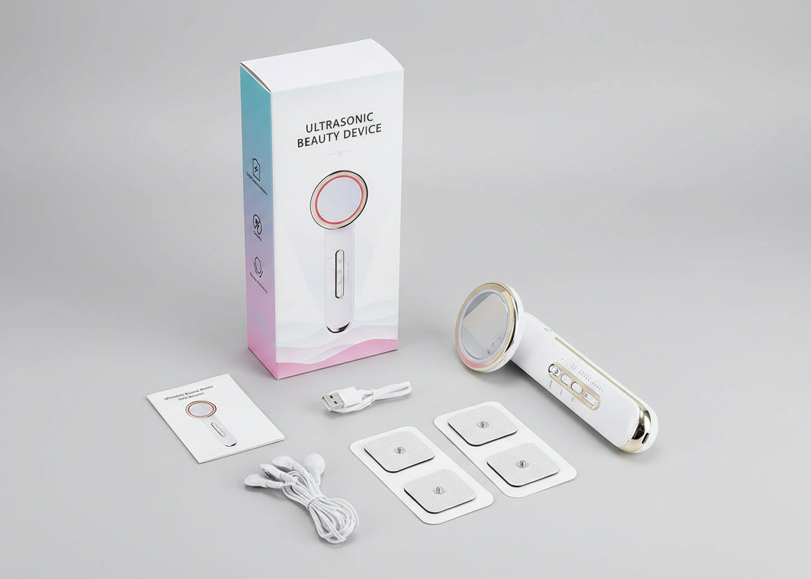 Ultrasonic beauty device with packaging, attachments, and cable on a white background