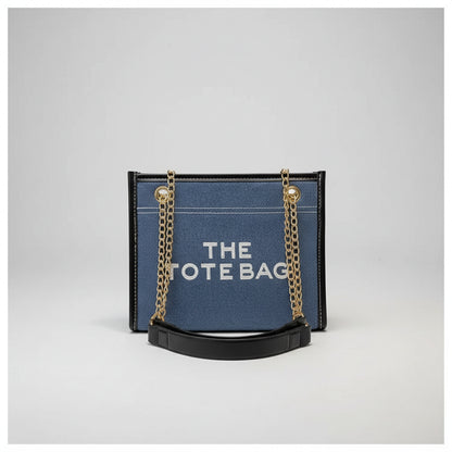 Denim Chain Tote Bag with Embroidered Statement Detail