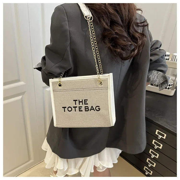 Denim Chain Tote Bag with Embroidered Statement Detail