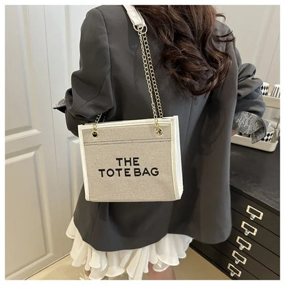 Denim Chain Tote Bag with Embroidered Statement Detail