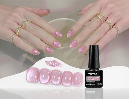Pink gel nail polish with a bottle and application on nails