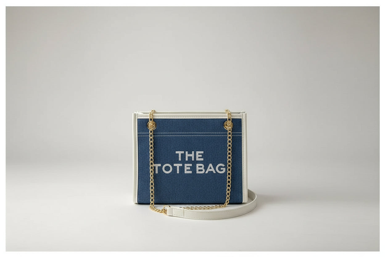 Denim Chain Tote Bag with Embroidered Statement Detail