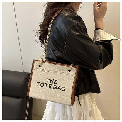 Denim Chain Tote Bag with Embroidered Statement Detail