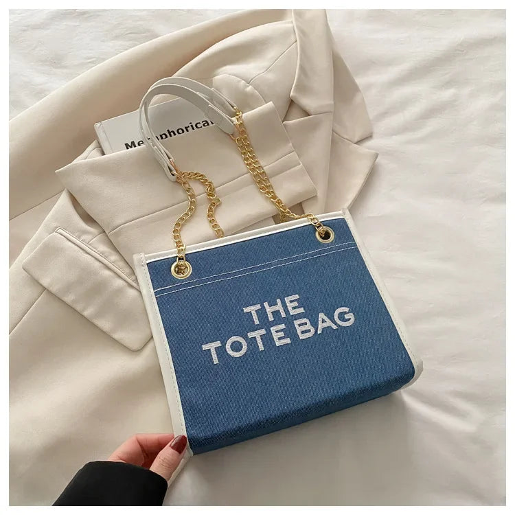 Denim Chain Tote Bag with Embroidered Statement Detail