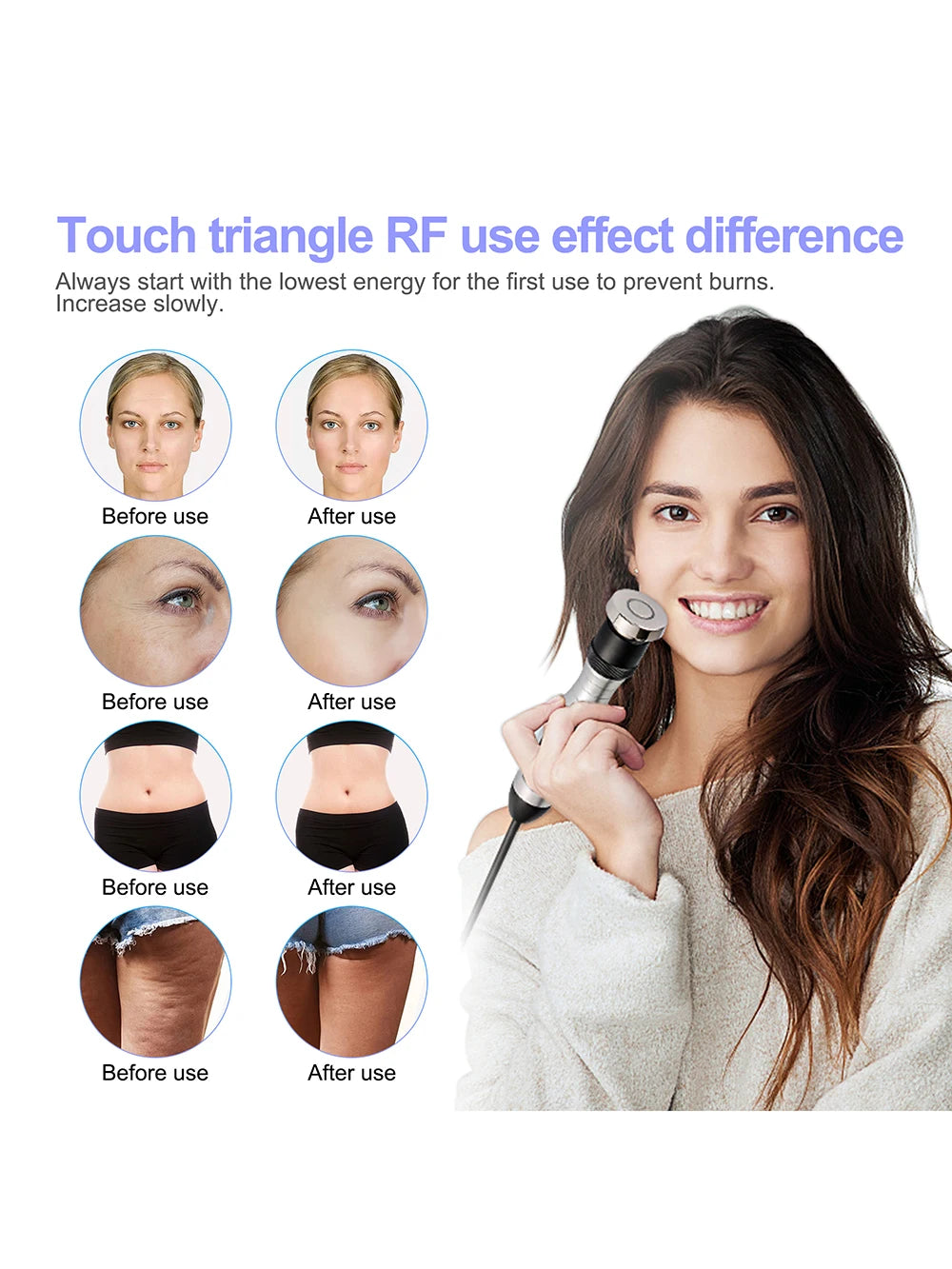 Woman using a device with before and after effect images on a white background