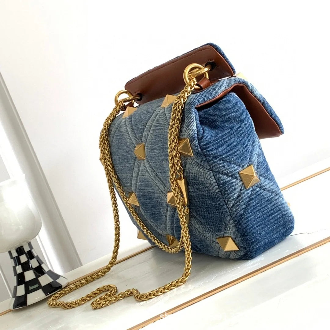 Belle Studded Denim Flap Shoulder Bag