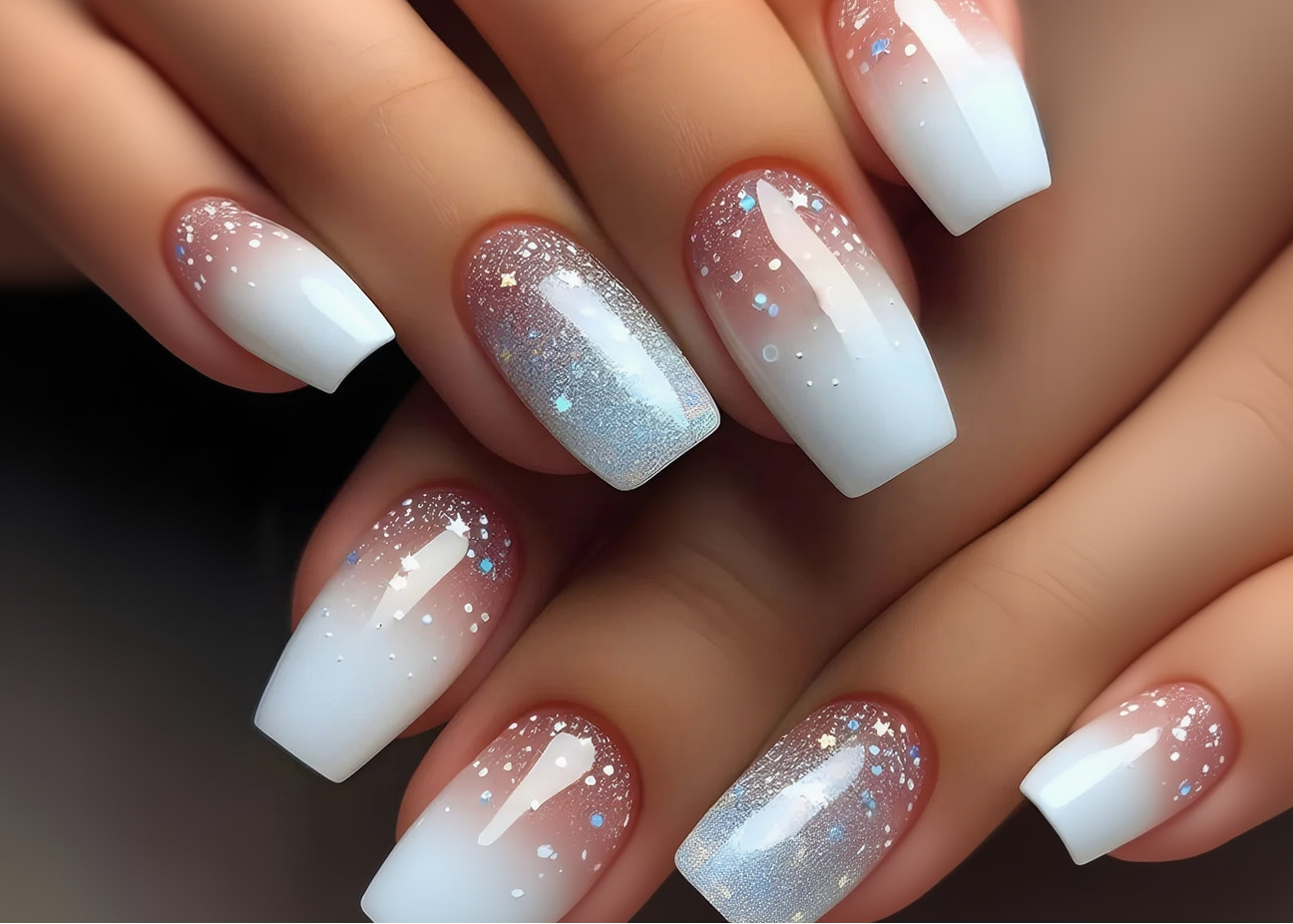 Close-up of a hand with white and red gradient nails featuring glitter.